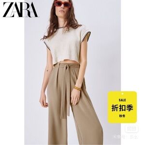 ZARA Wide Leg Front Tie Belted Pants | Tan | XS